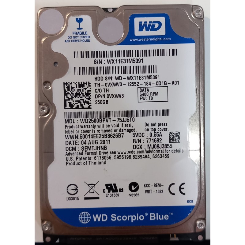 Hard drive 2.5" western digital 250gb wd2500bpvt